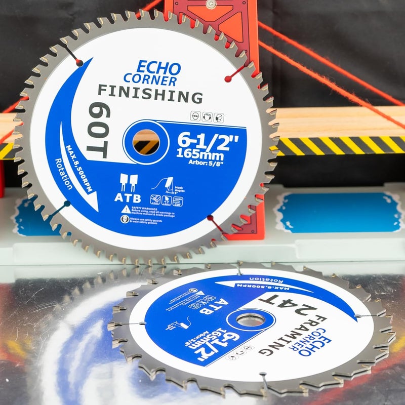 Echo Corner 6-1/2 Inch Ciruclar Saw Blade Heavy Duty 24T/60T Combo Pack, Fast Finishing Fine Cut Crosscut Framing Ripping Laminate Plywood Plastic Lumber, 5/8" Arbor - Image 5